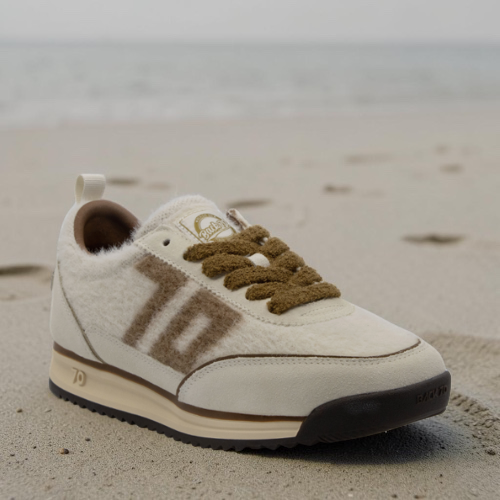 Plum Bottom BACK 70 Jogger sneaker in butter mohair with cuoio brown suede accents and braided cotton laces.