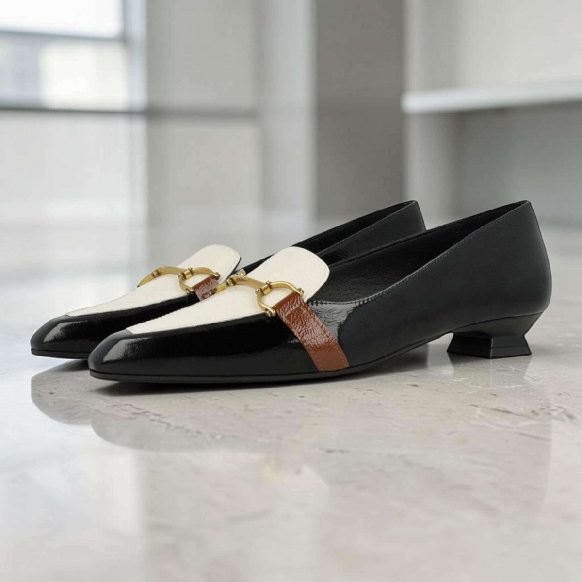 Plum Bottom LODI Bed 5530 black and white patent leather low heel pumps with metallic hardware detail