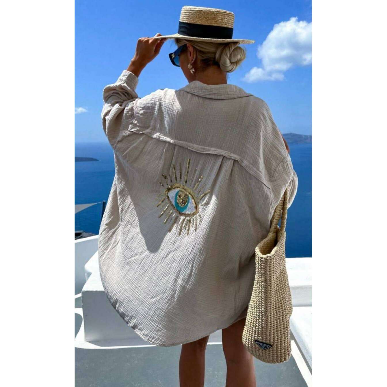 LOOWIE - E2 Beige Oversized Evil Eye Gauze Cotton  Button Shirt, Shirts, LOOWIE, Plum Bottom