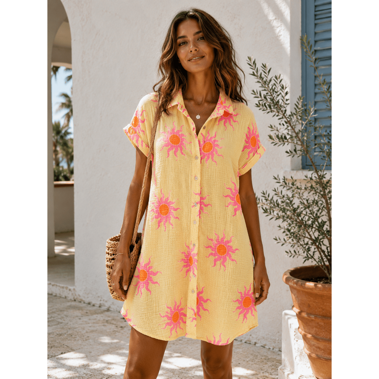 LOOWIE - IVT260714YL Cotton Sun Print Shirt Dress Yellow, Dresses, LOOWIE, Plum Bottom