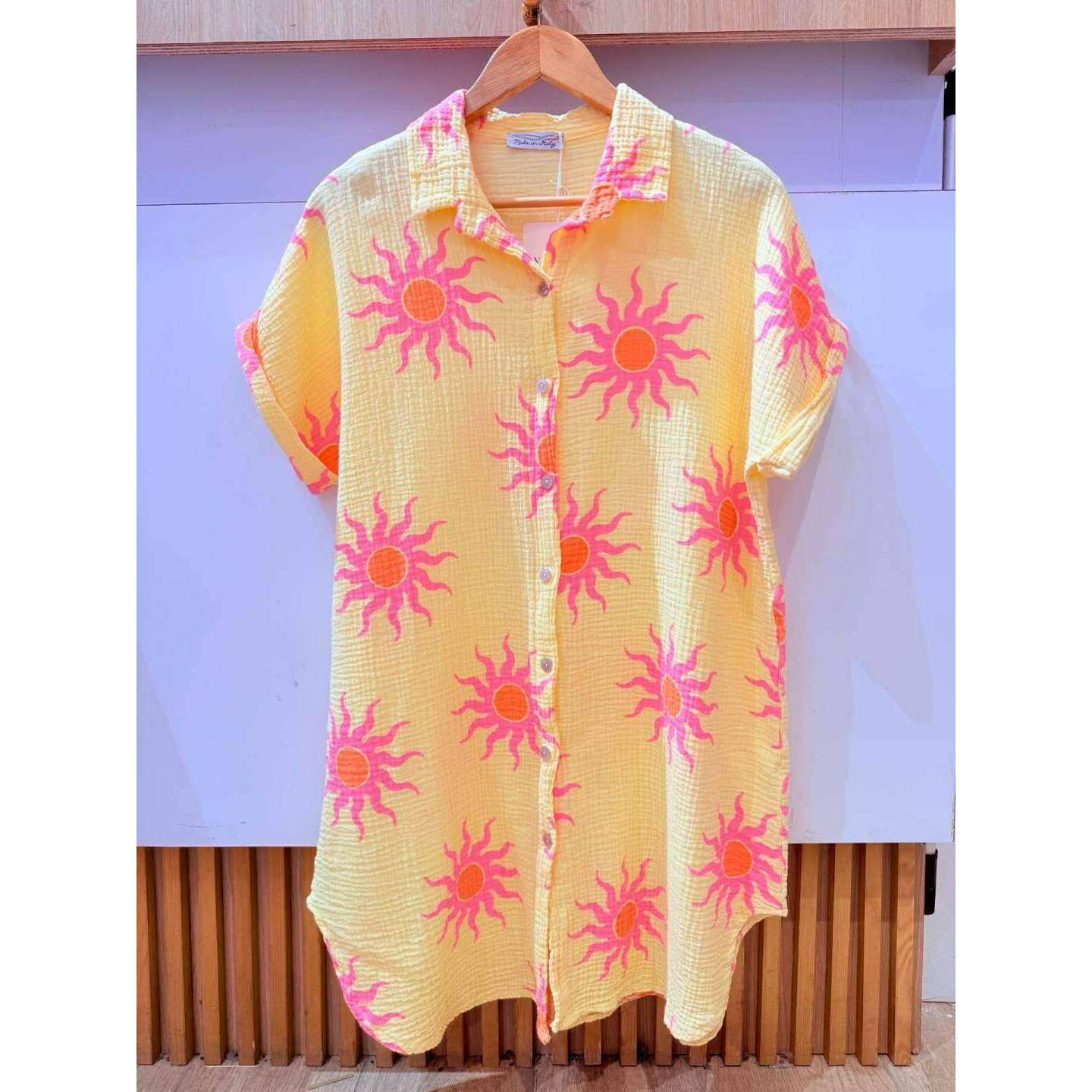 LOOWIE - IVT260714YL Cotton Sun Print Shirt Dress Yellow, Dresses, LOOWIE, Plum Bottom