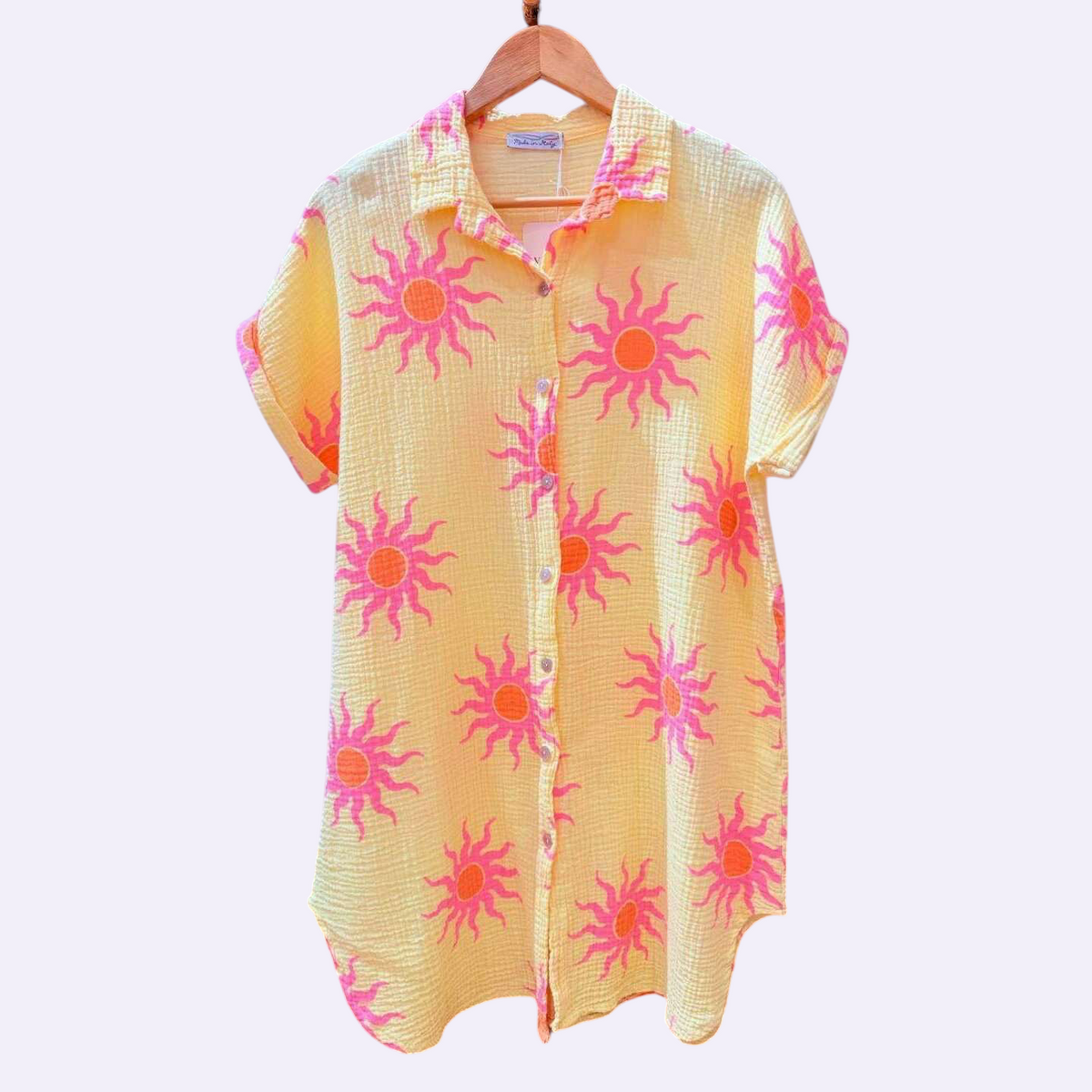 LOOWIE - IVT260714YL Cotton Sun Print Shirt Dress Yellow, Dresses, LOOWIE, Plum Bottom