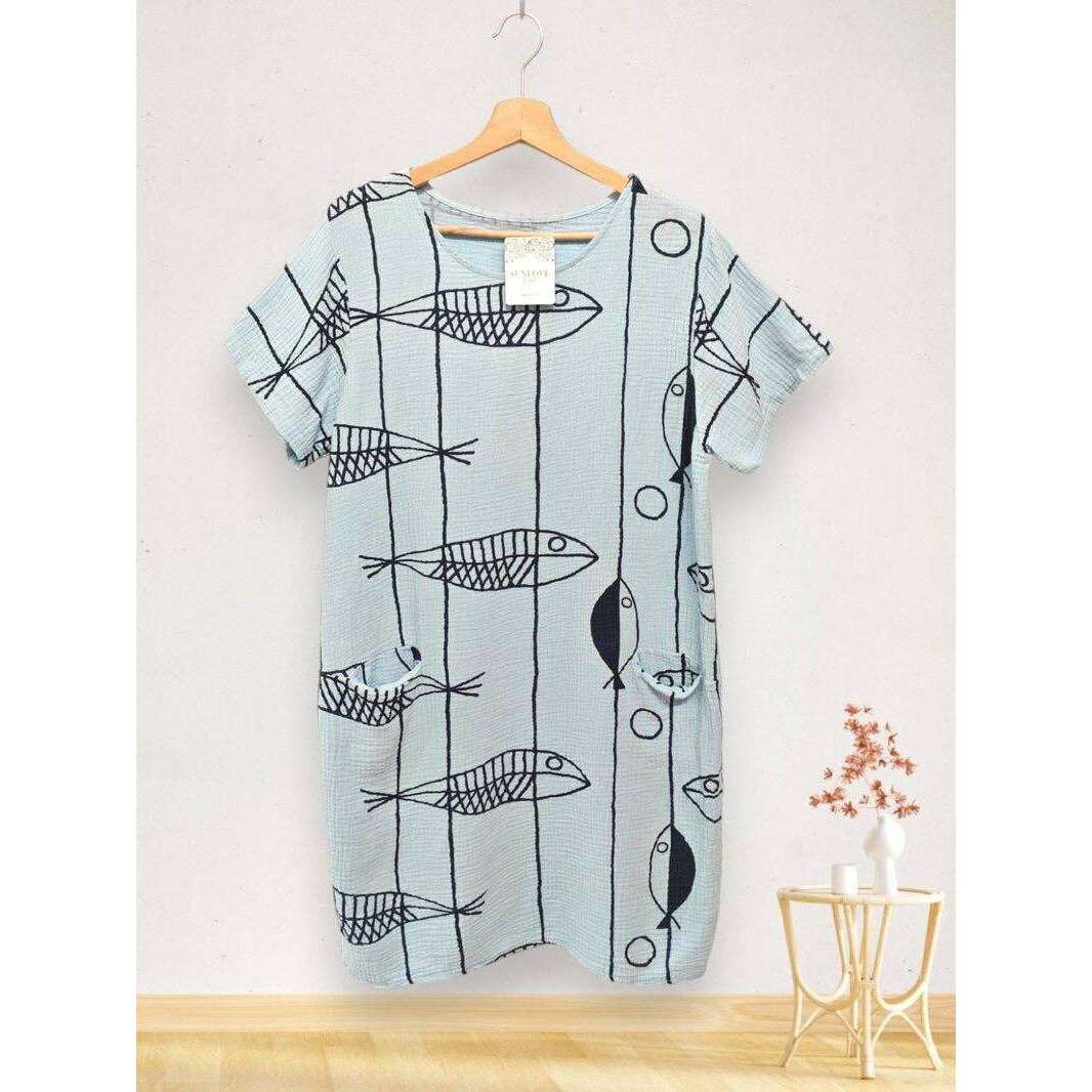 LOOWIE - LSFSHSB Fish Print Gauze Cotton Midi Dress Sky Blue, Dresses, LOOWIE, Plum Bottom