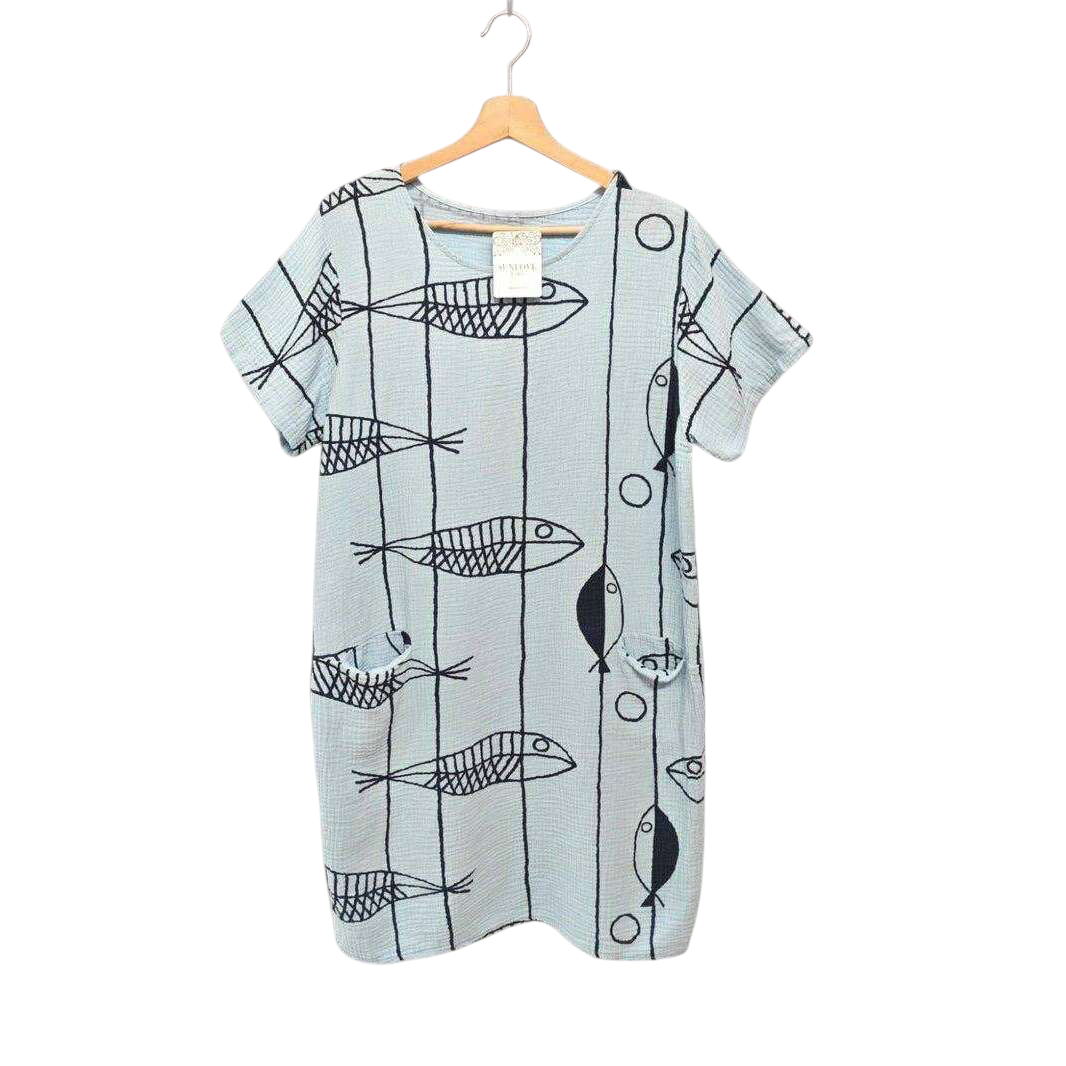 LOOWIE - LSFSHSB Fish Print Gauze Cotton Midi Dress Sky Blue, Dresses, LOOWIE, Plum Bottom