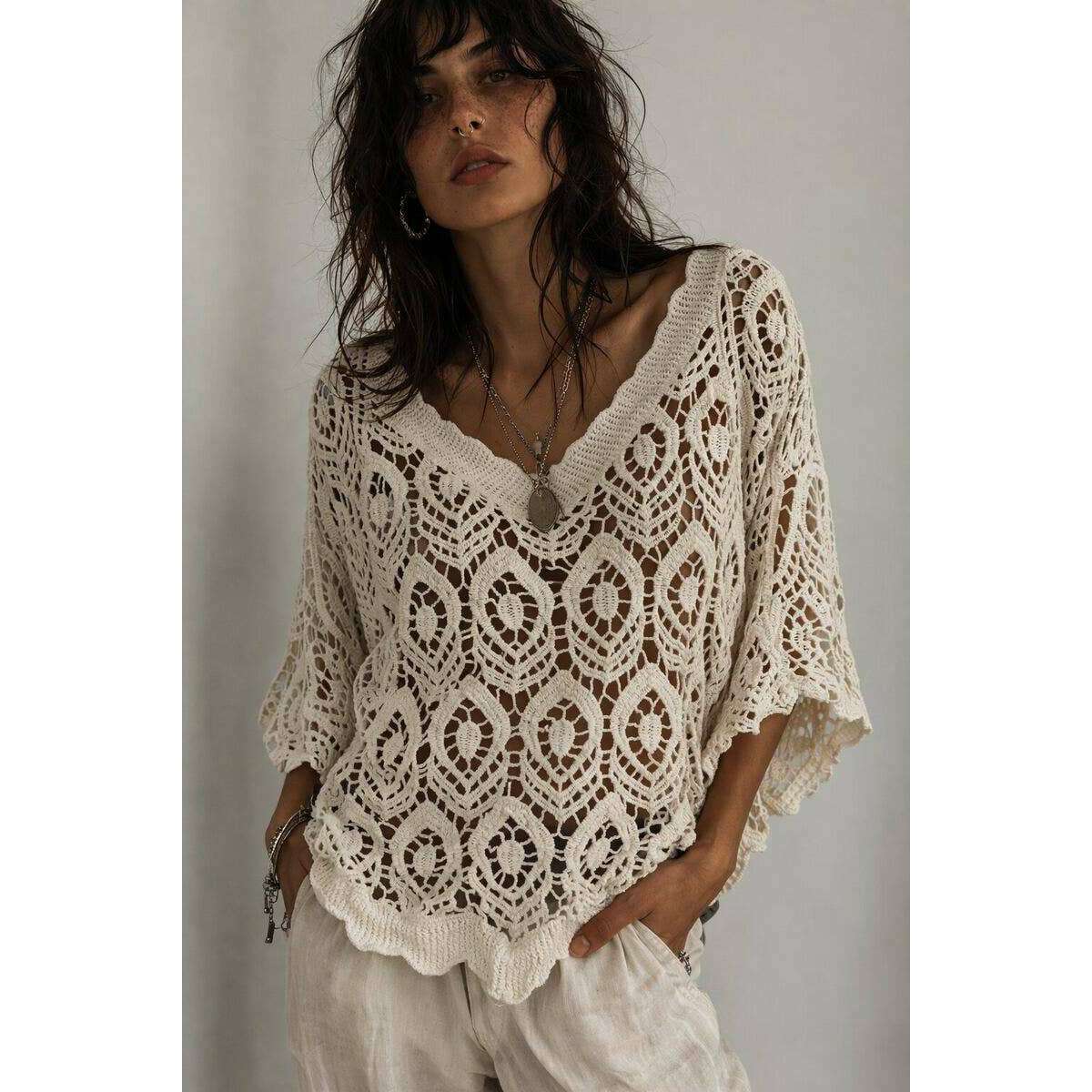 LOOWIE - LUGVS Geo V-Neck Crochet Sweater Cotton One Size S/M: Ecru, Sweater, LOOWIE, Plum Bottom