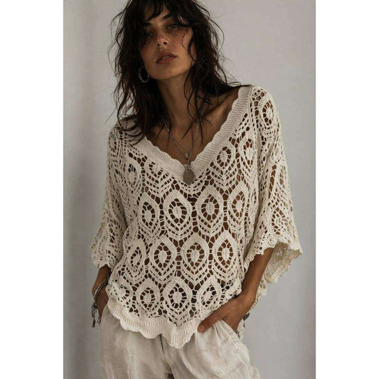 LOOWIE - LUGVS Geo V-Neck Crochet Sweater Cotton One Size S/M: Ecru, Sweater, LOOWIE, Plum Bottom