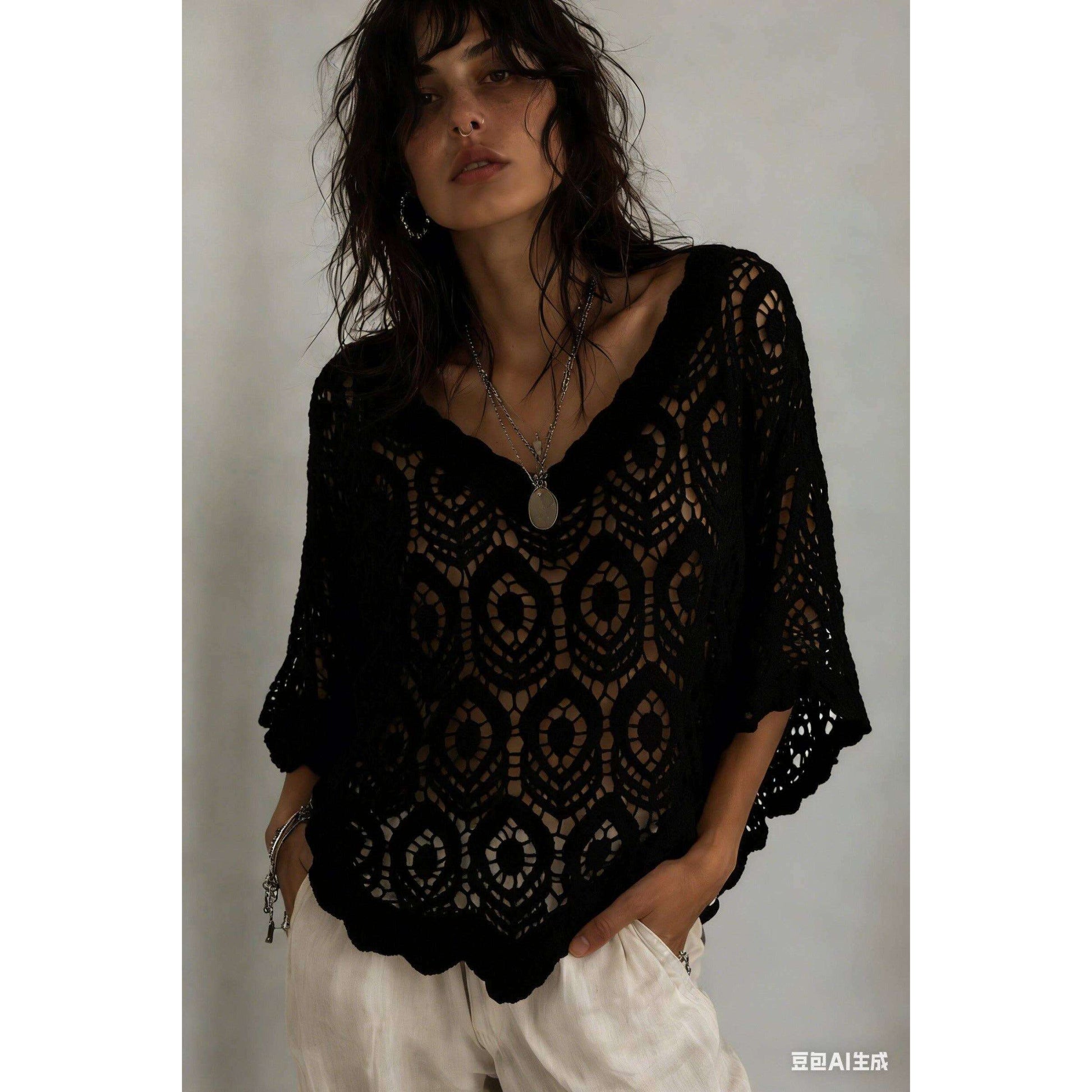 LOOWIE - LUGVS Geo V-Neck Crochet Sweater Cotton One Size S/M: Ecru, Sweater, LOOWIE, Plum Bottom