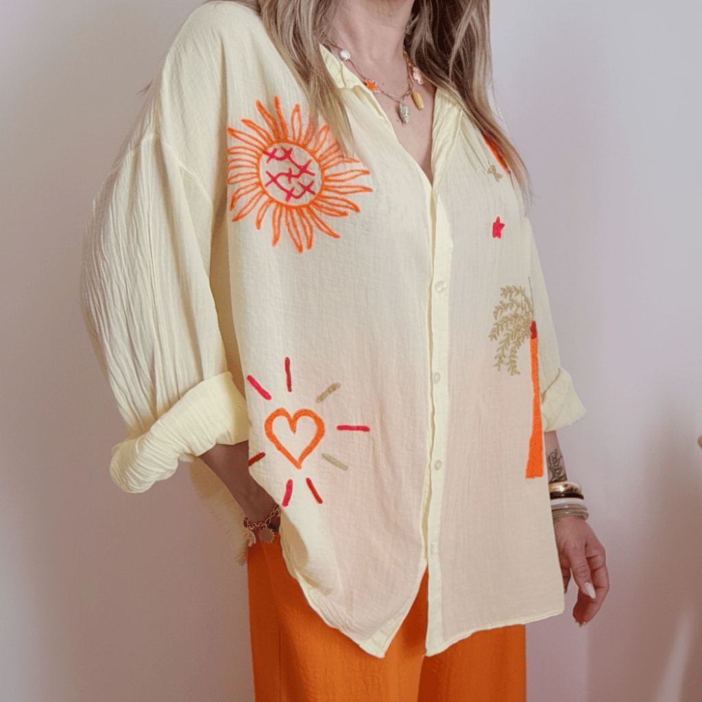 LOOWIE - PALMYN Yellow Palm & Sun Oversized Gauze Cotton Shirt LOOWIE, Shirts, LOOWIE, Plum Bottom