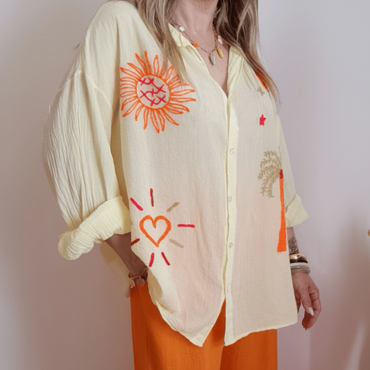 [LOOWIE - PALMYN Yellow Palm & Sun Oversized Gauze Cotton Shirt LOOWIE], [Shirts], [LOOWIE], [Plum Bottom].