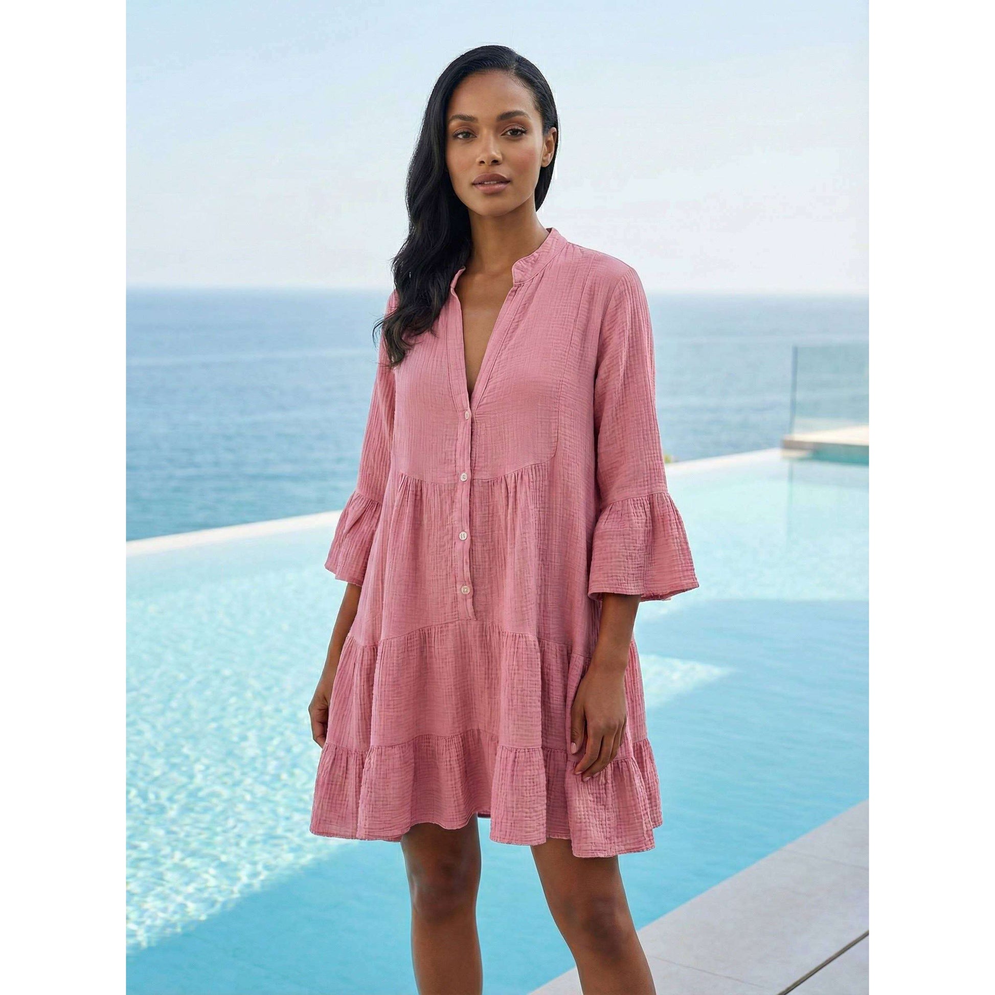 LOOWIE - SWPI Pink Gauze Cotton Italian Short Dress 3/4 Sleeves, Dresses, LOOWIE, Plum Bottom