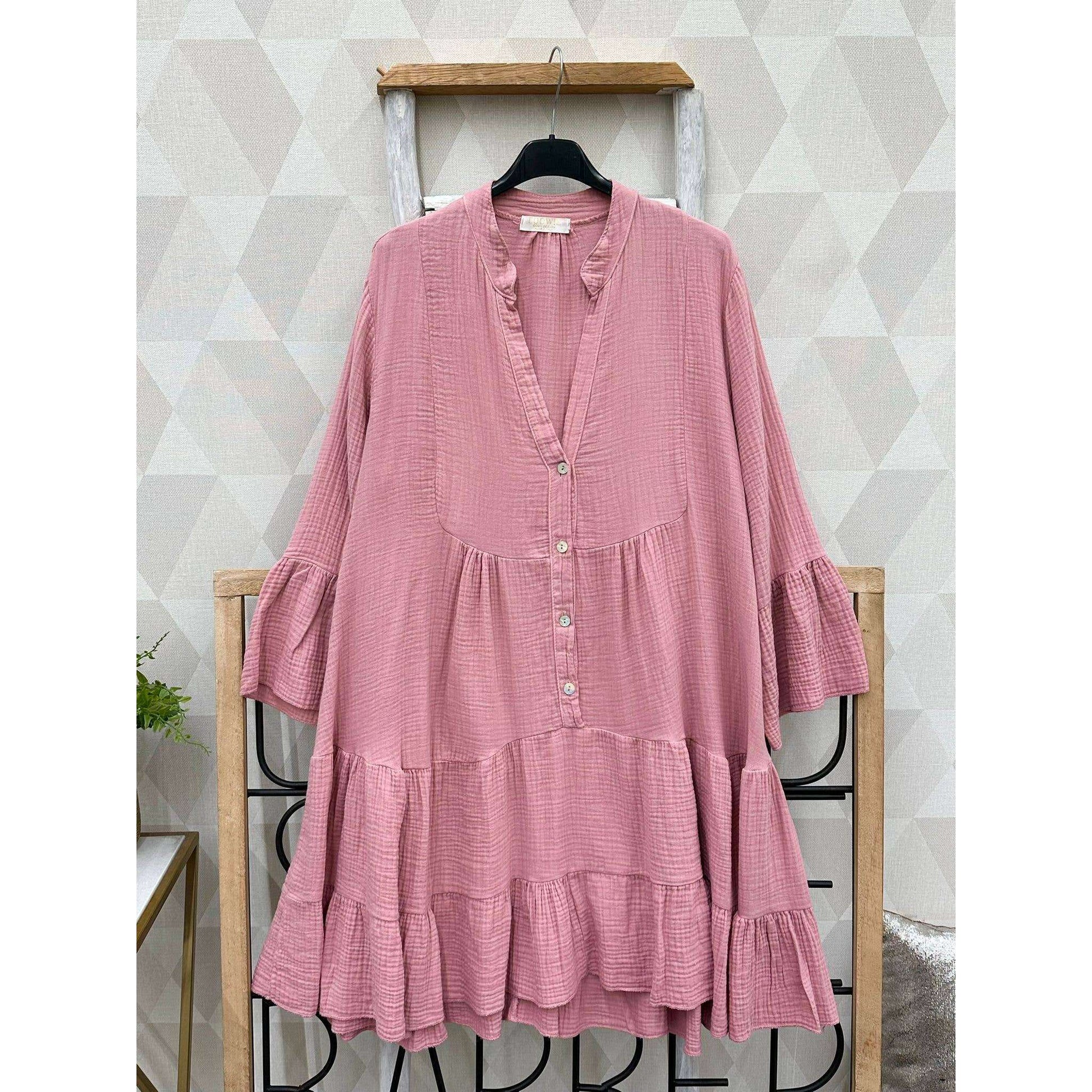 LOOWIE - SWPI Pink Gauze Cotton Italian Short Dress 3/4 Sleeves, Dresses, LOOWIE, Plum Bottom