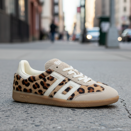 Mohair sneaker in cheetah print trimmed with taupe suede and white Back 70 logo on a city sidewalk.