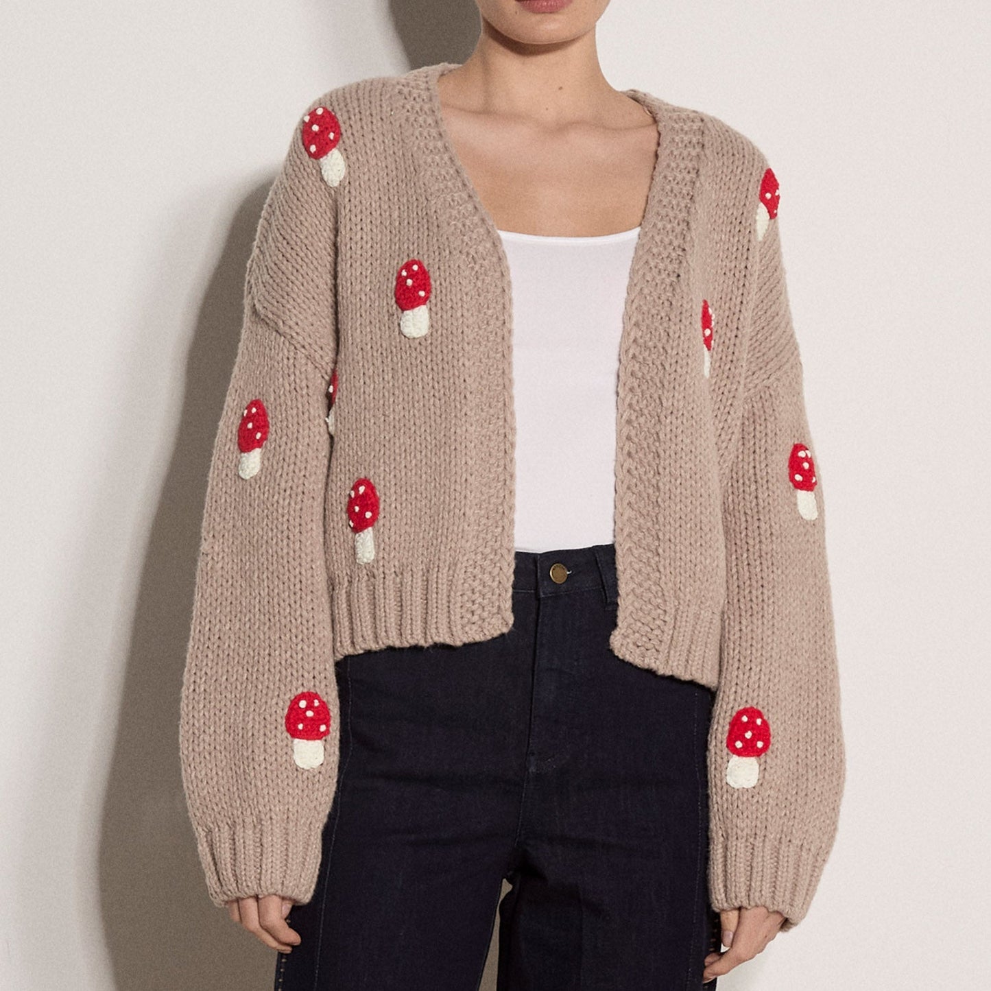 [APRICOT Mushroom Hand Knit Open Cardigan], [Sweaters], [APRICOT], [Plum Bottom].