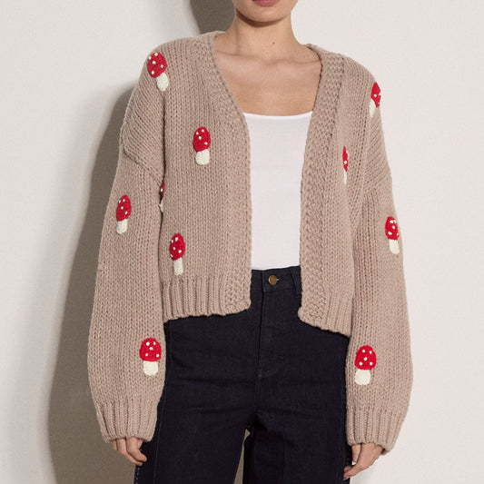 [APRICOT Mushroom Hand Knit Open Cardigan], [Sweaters], [APRICOT], [Plum Bottom].