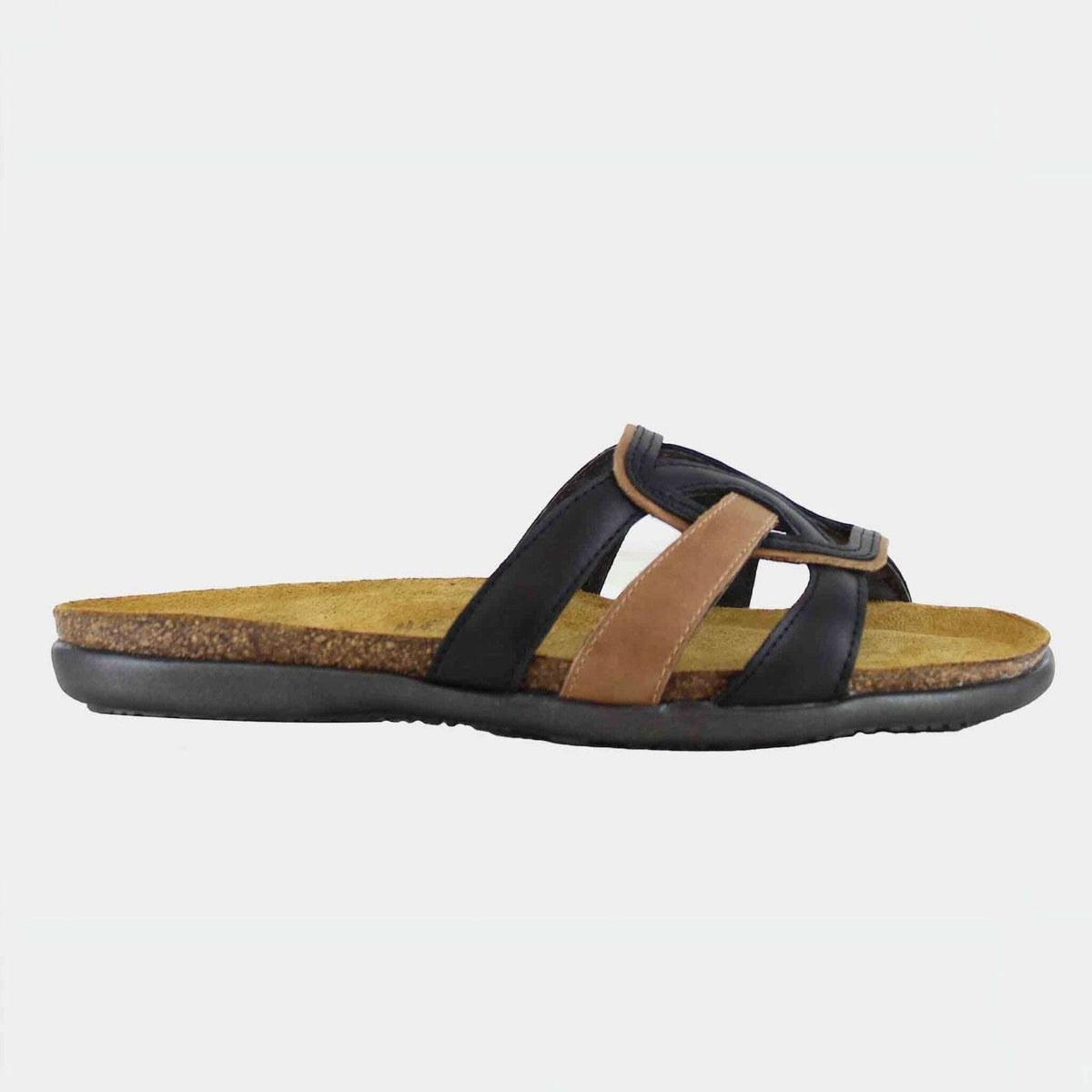 Plum Bottom NAOT Liv slide sandal in brown and black leather with an anatomically supportive cork and latex footbed.