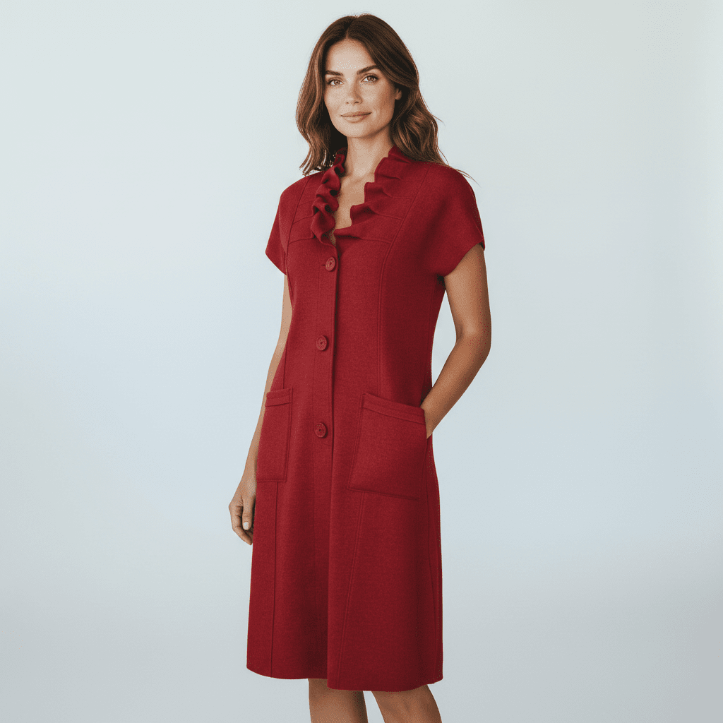 Plum Bottom red wool blend below-knee waistcoat jacket with a ruffled V-neck and front patch pockets on a model.