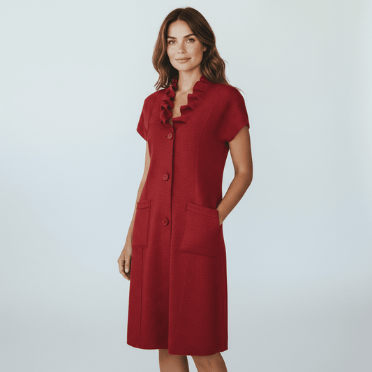Plum Bottom red wool blend below-knee waistcoat jacket with a ruffled V-neck and front patch pockets on a model.