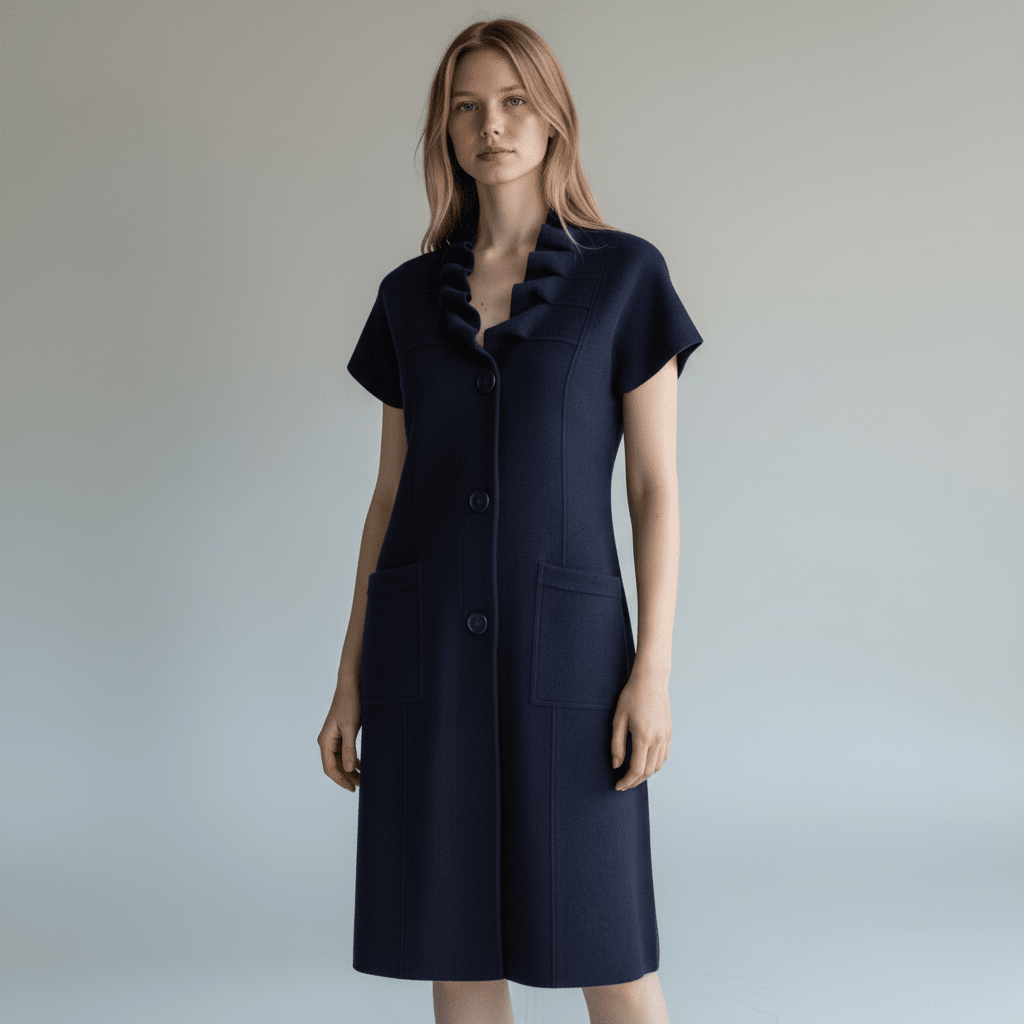 Plum Bottom NOEN navy wool blend waistcoat jacket with a ruffled V-neck and front button closure on a model
