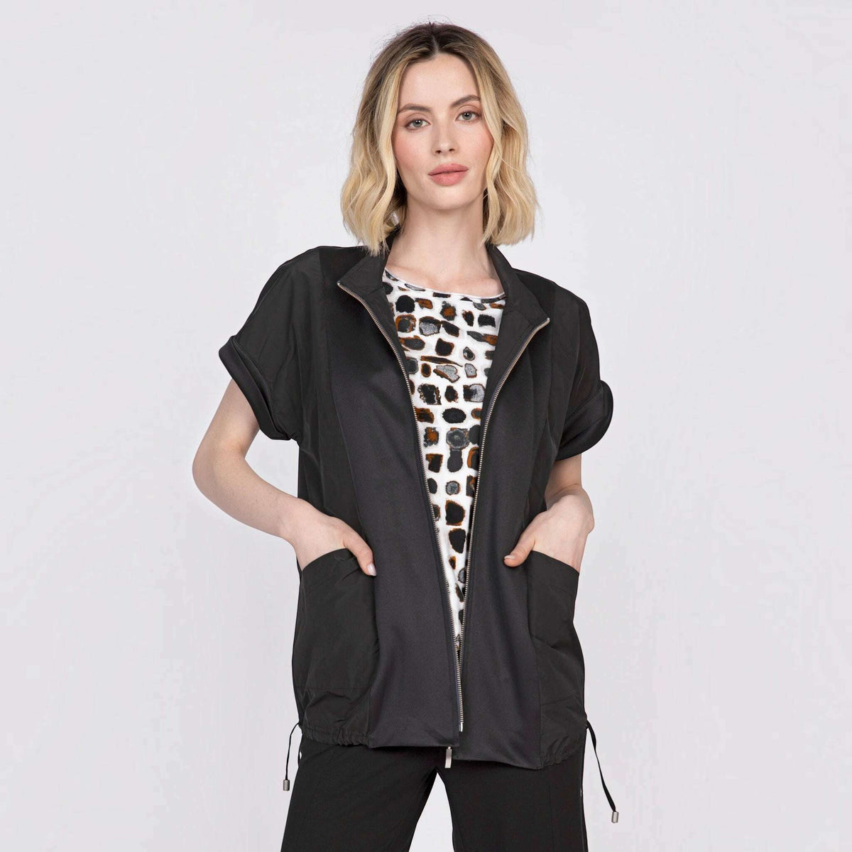 Plum Bottom OLIVIA BY HABITAT black mixed media vest with a front zipper and pockets