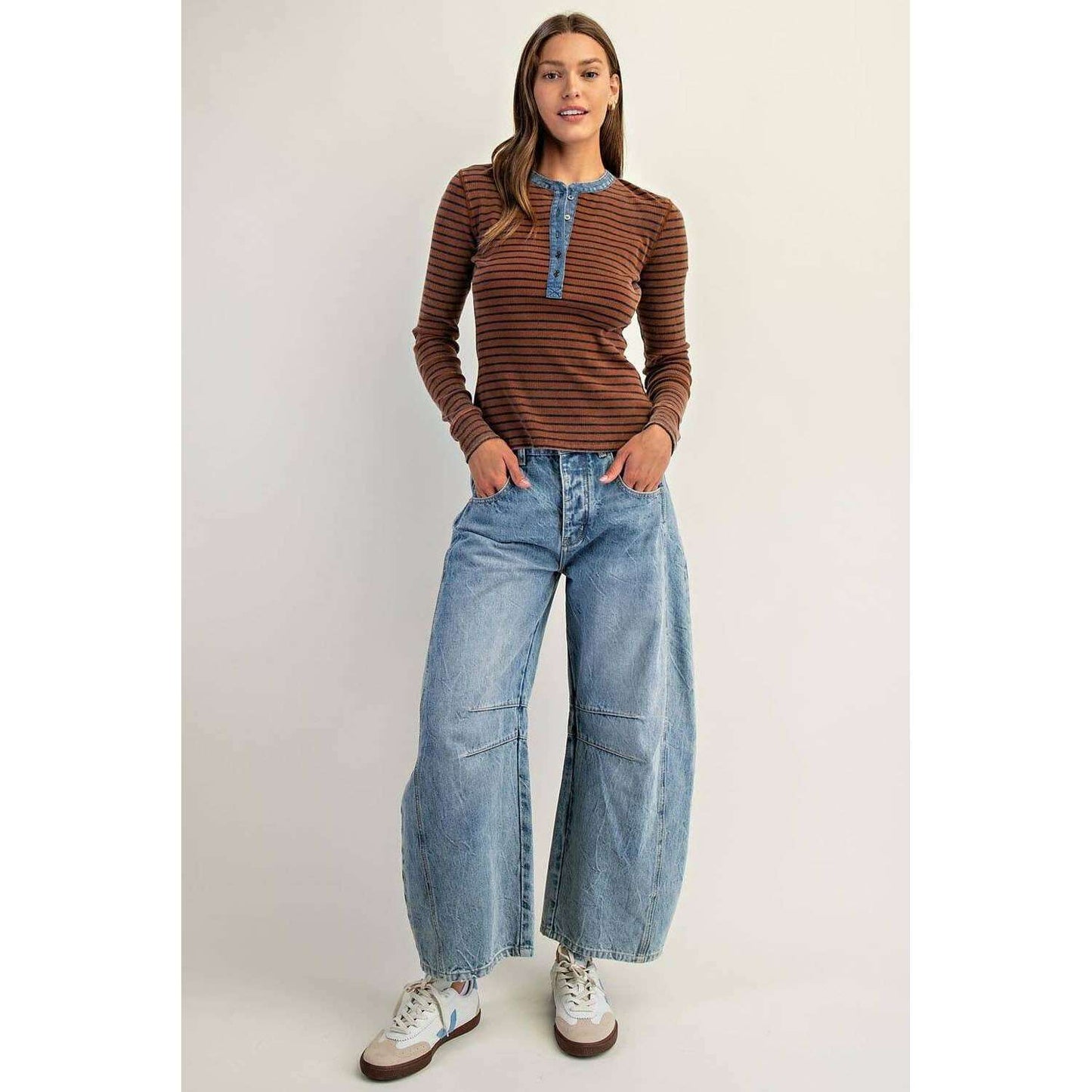 Peace Love Line - PL8295 - SNOW WASH TWO TONE BUTTON DOWN TOP: CINNAMON / L, Shirts, Peace Love Line, Plum Bottom