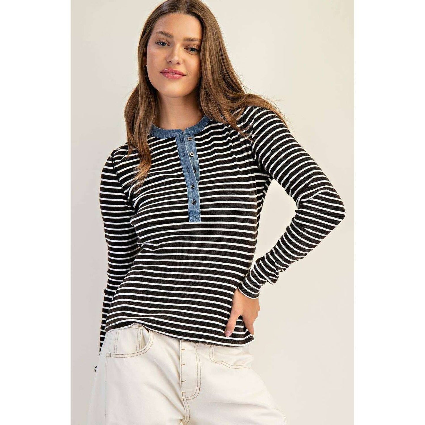 Peace Love Line - PL8295 - SNOW WASH TWO TONE BUTTON DOWN TOP: CINNAMON / L, Shirts, Peace Love Line, Plum Bottom