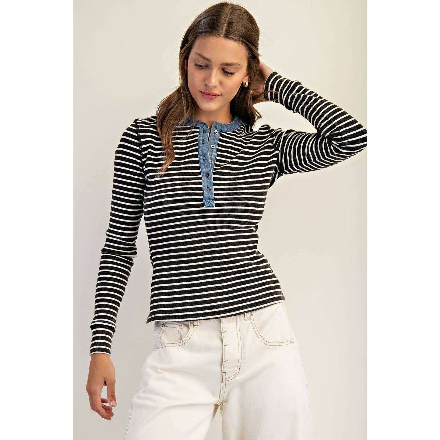 Peace Love Line - PL8295 - SNOW WASH TWO TONE BUTTON DOWN TOP: CINNAMON / L, Shirts, Peace Love Line, Plum Bottom