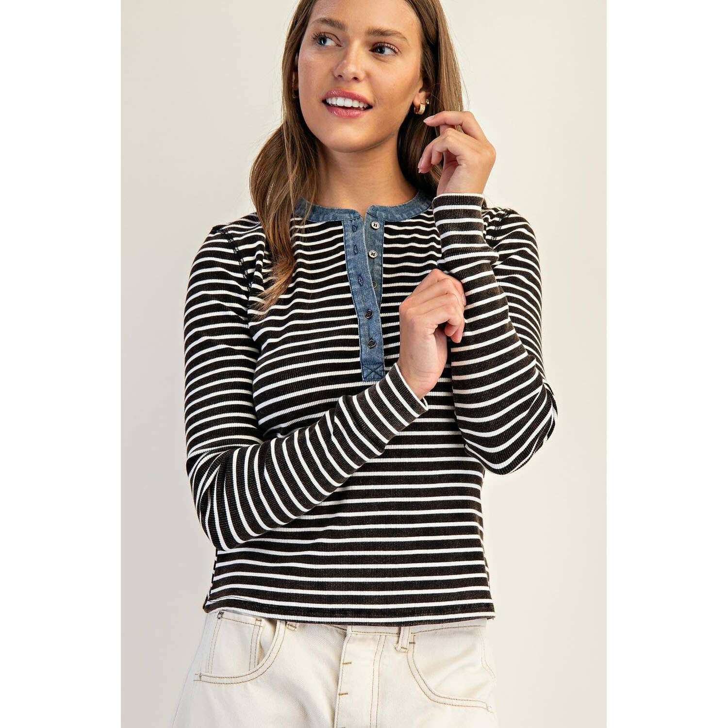 Peace Love Line - PL8295 - SNOW WASH TWO TONE BUTTON DOWN TOP: CINNAMON / L, Shirts, Peace Love Line, Plum Bottom