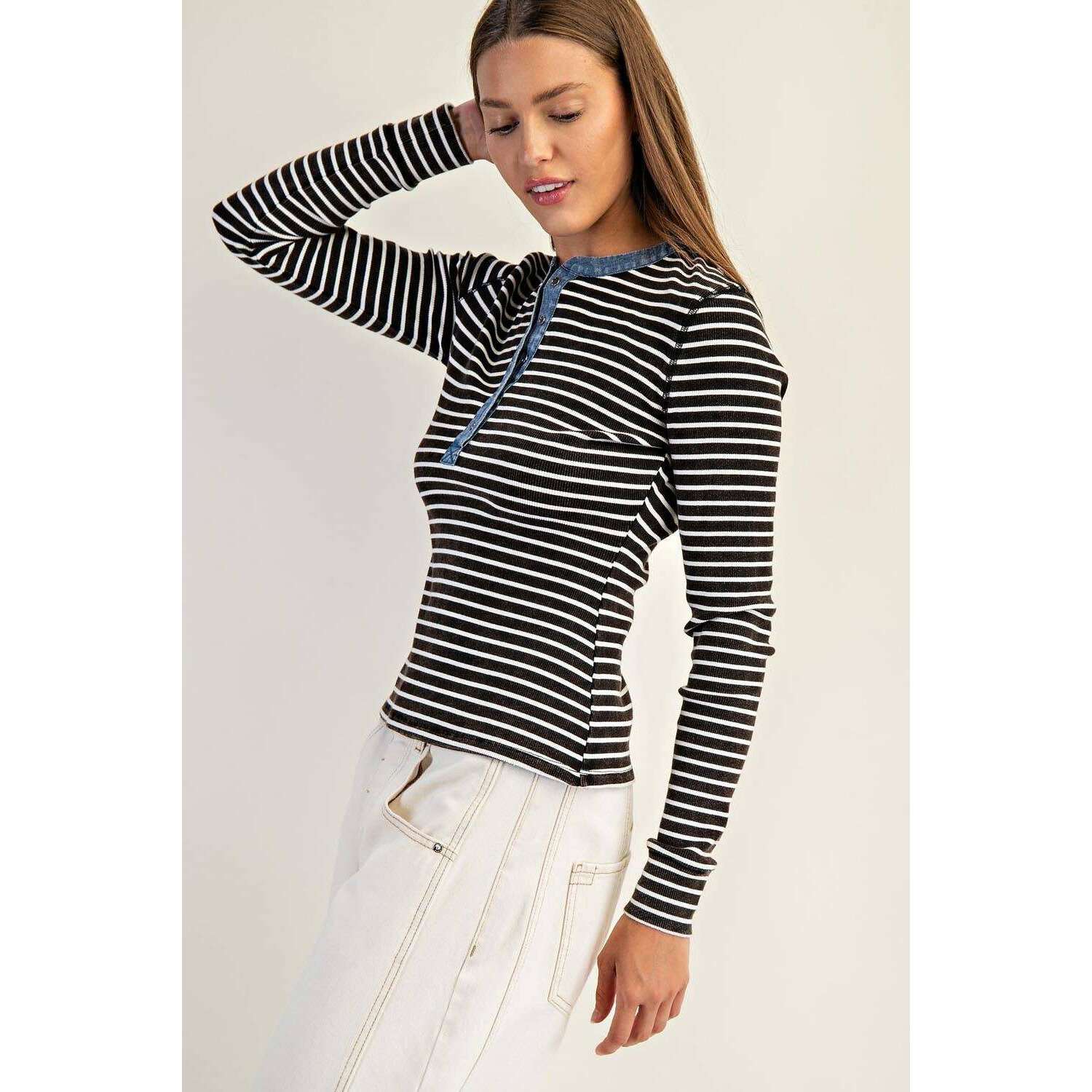 Peace Love Line - PL8295 - SNOW WASH TWO TONE BUTTON DOWN TOP: CINNAMON / L, Shirts, Peace Love Line, Plum Bottom