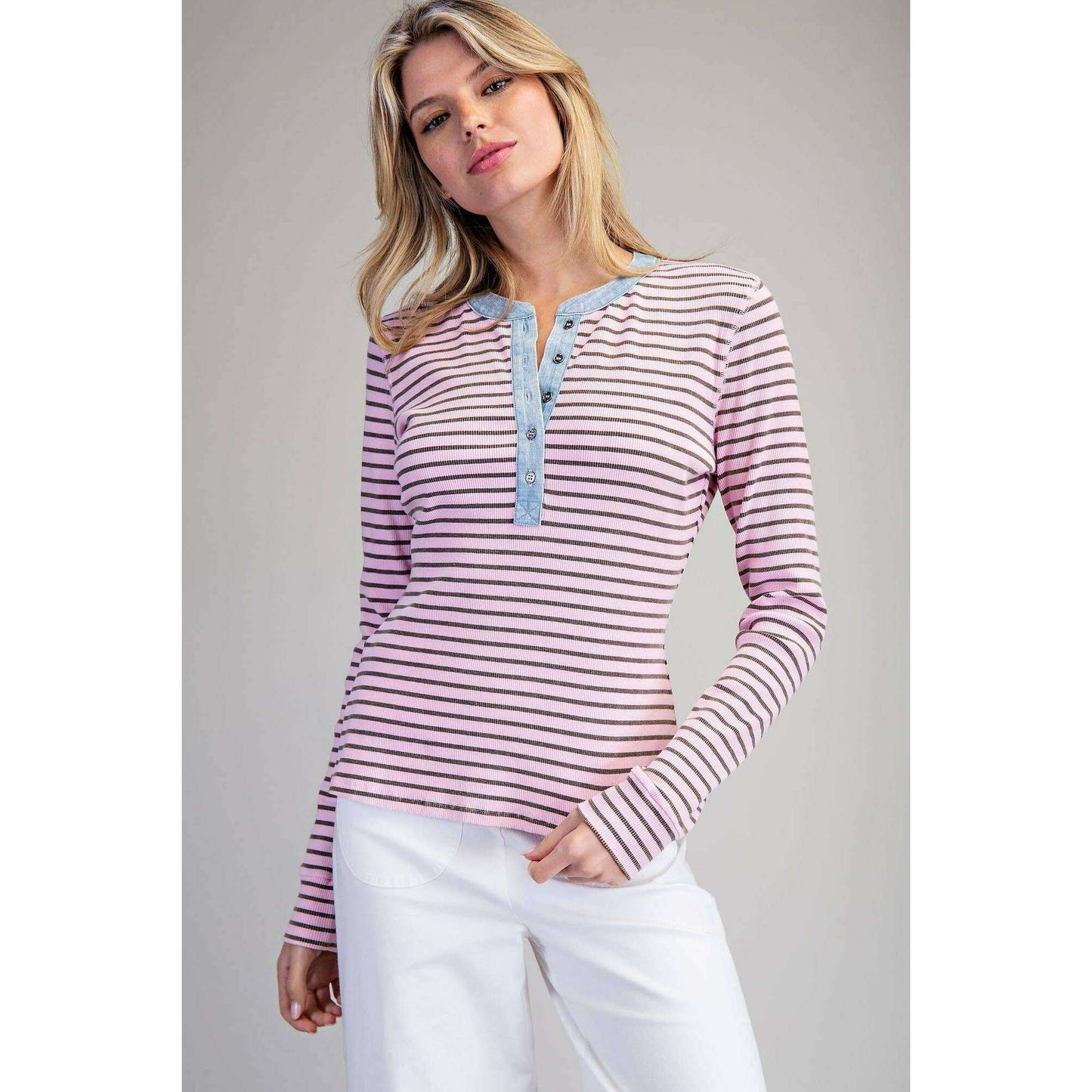 Peace Love Line - PL8295 - SNOW WASH TWO TONE BUTTON DOWN TOP: CINNAMON / L, Shirts, Peace Love Line, Plum Bottom