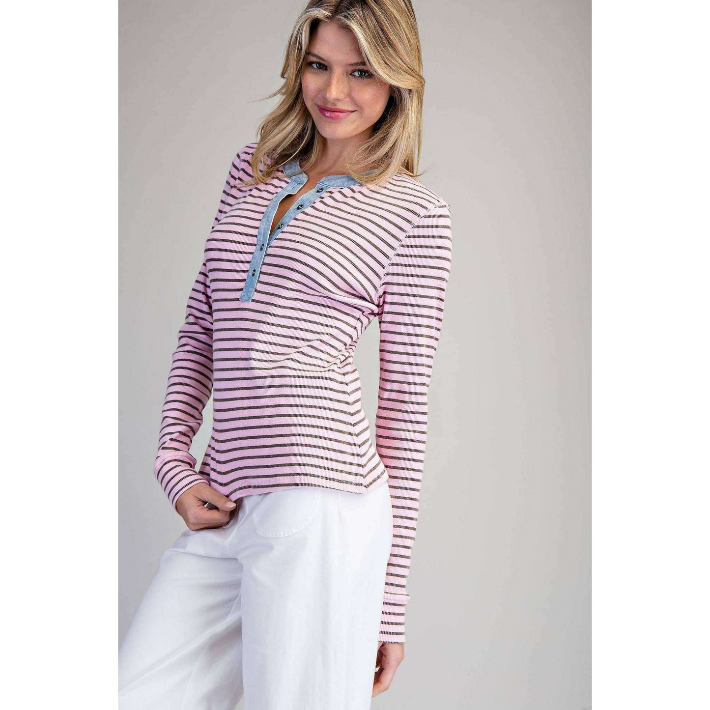 Peace Love Line - PL8295 - SNOW WASH TWO TONE BUTTON DOWN TOP: CINNAMON / L, Shirts, Peace Love Line, Plum Bottom