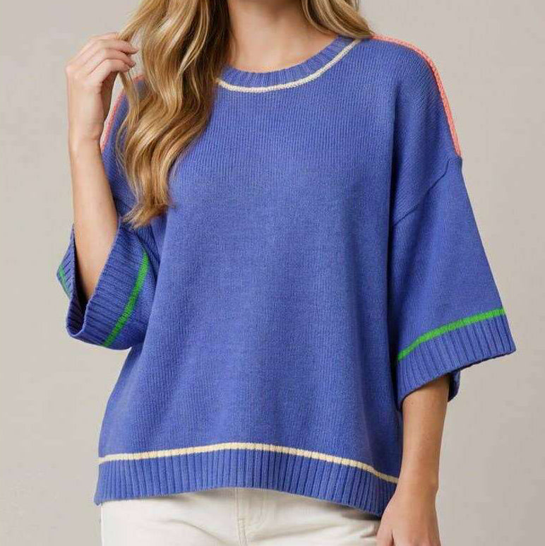 PEACE LOVE LINE Half Sleeve Contrast Lined Sweater, CLOTHING, Peace Love Line, Plum Bottom