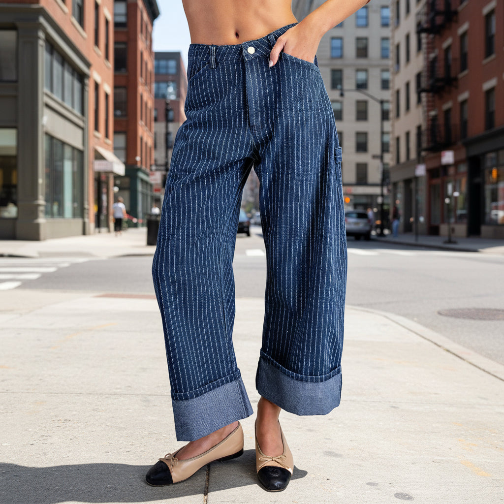 PEACE LOVE LINE Striped Barrel Leg Cuffed Pants, CLOTHING, Peace Love Line, Plum Bottom