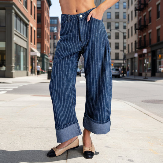 PEACE LOVE LINE Striped Barrel Leg Cuffed Pants, CLOTHING, Peace Love Line, Plum Bottom