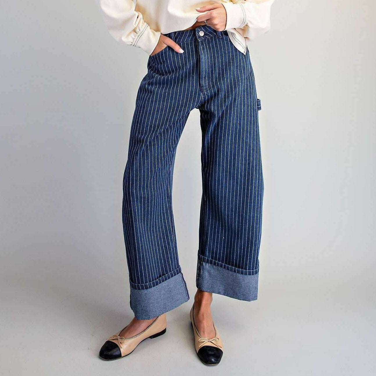 PEACE LOVE LINE Striped Barrel Leg Cuffed Pants, CLOTHING, Peace Love Line, Plum Bottom