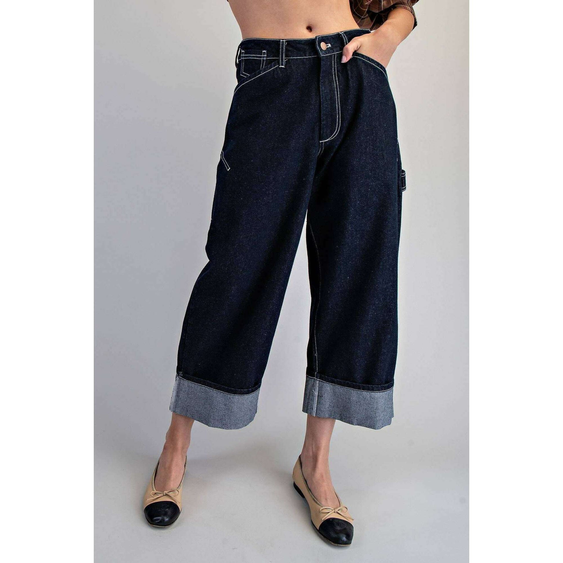 PEACE LOVE LINE Contrast Stitch Cuffed Denim Pants, CLOTHING, Peace Love Line, Plum Bottom