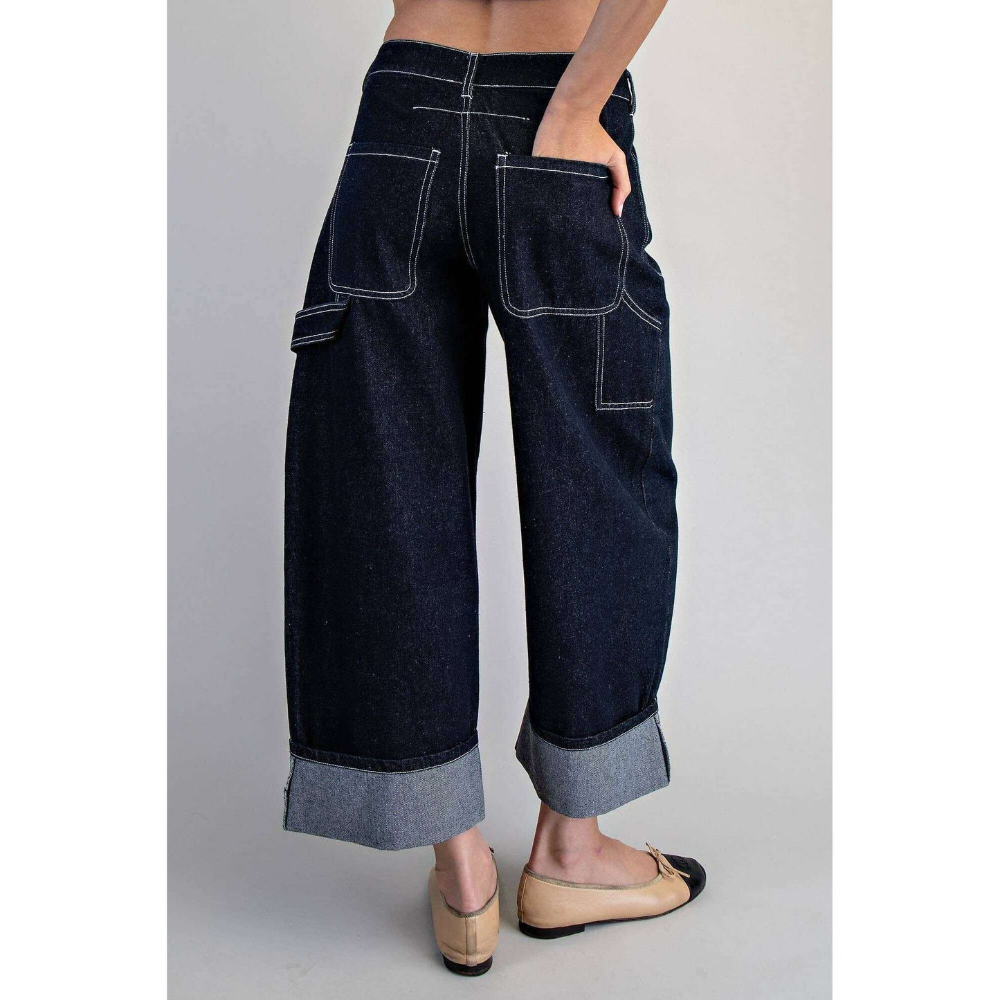 PEACE LOVE LINE Contrast Stitch Cuffed Denim Pants, CLOTHING, Peace Love Line, Plum Bottom