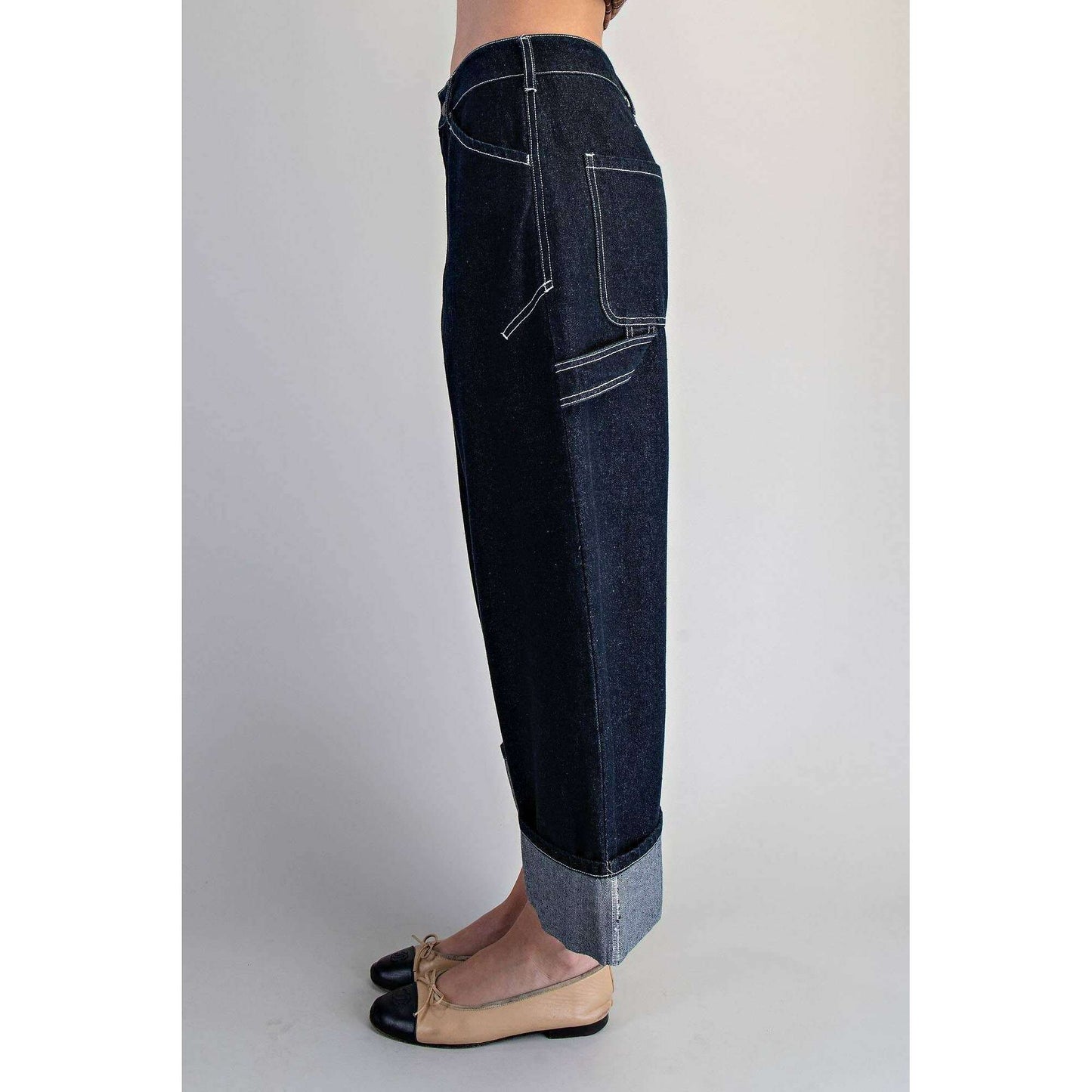 PEACE LOVE LINE Contrast Stitch Cuffed Denim Pants, CLOTHING, Peace Love Line, Plum Bottom