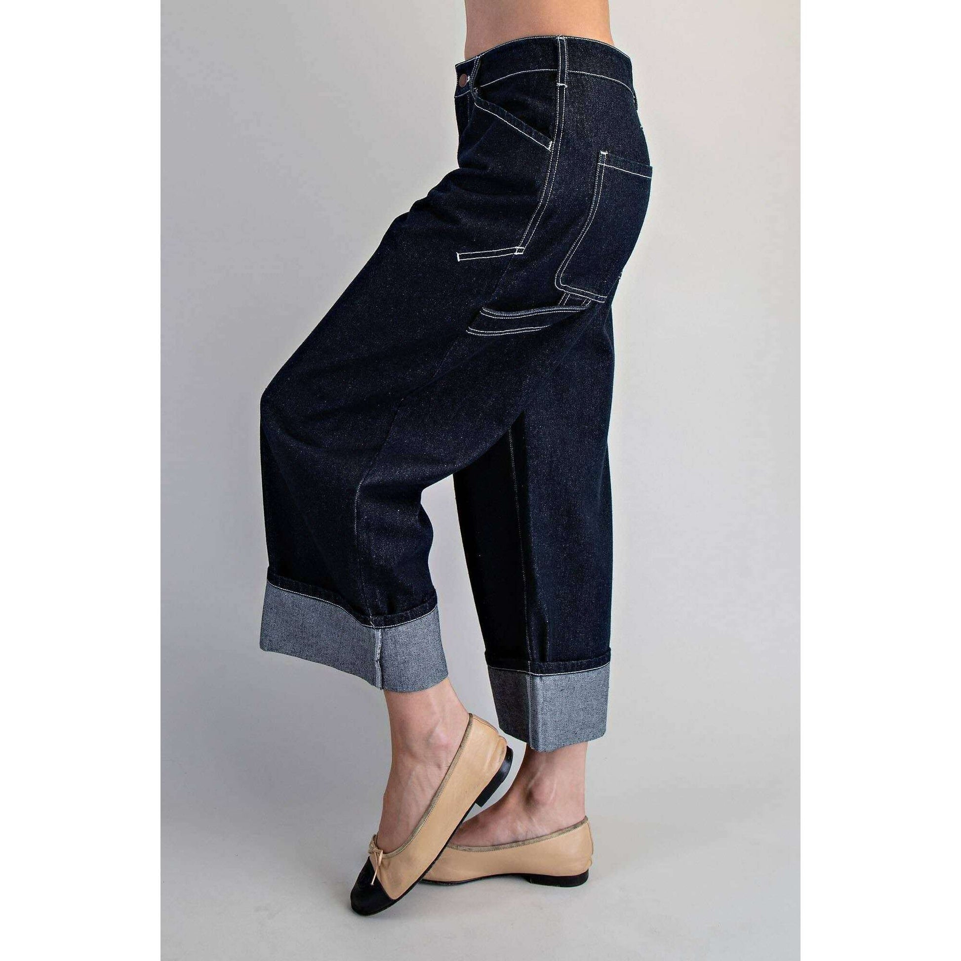 PEACE LOVE LINE Contrast Stitch Cuffed Denim Pants, CLOTHING, Peace Love Line, Plum Bottom