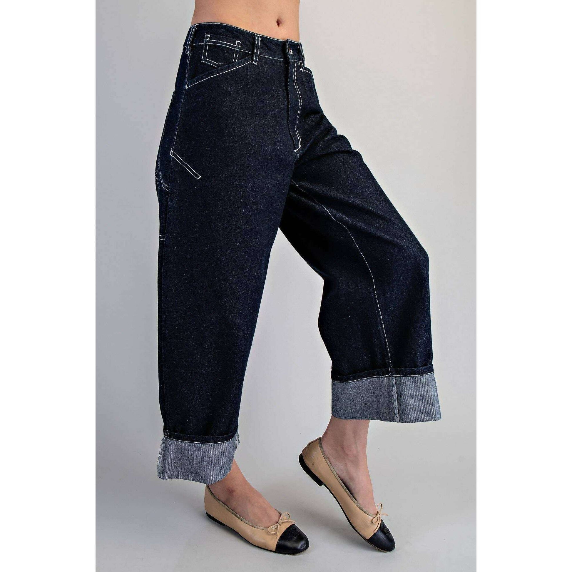 PEACE LOVE LINE Contrast Stitch Cuffed Denim Pants, CLOTHING, Peace Love Line, Plum Bottom