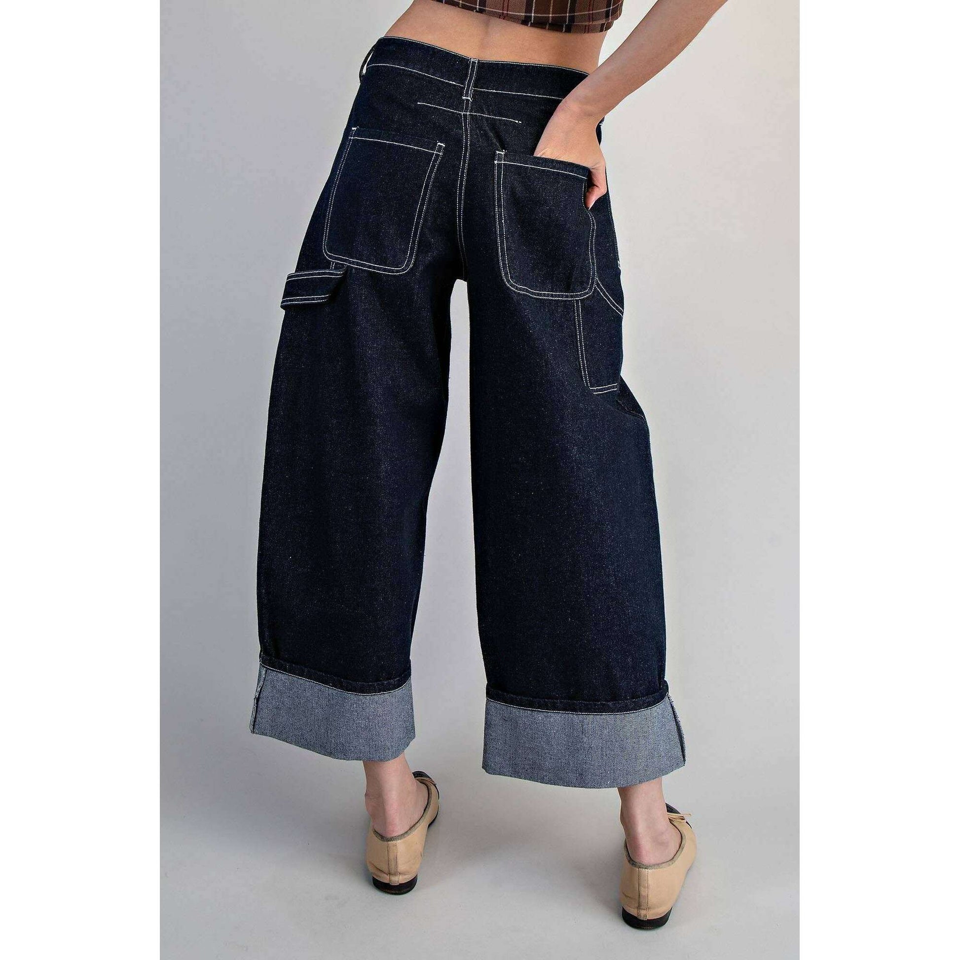 PEACE LOVE LINE Contrast Stitch Cuffed Denim Pants, CLOTHING, Peace Love Line, Plum Bottom