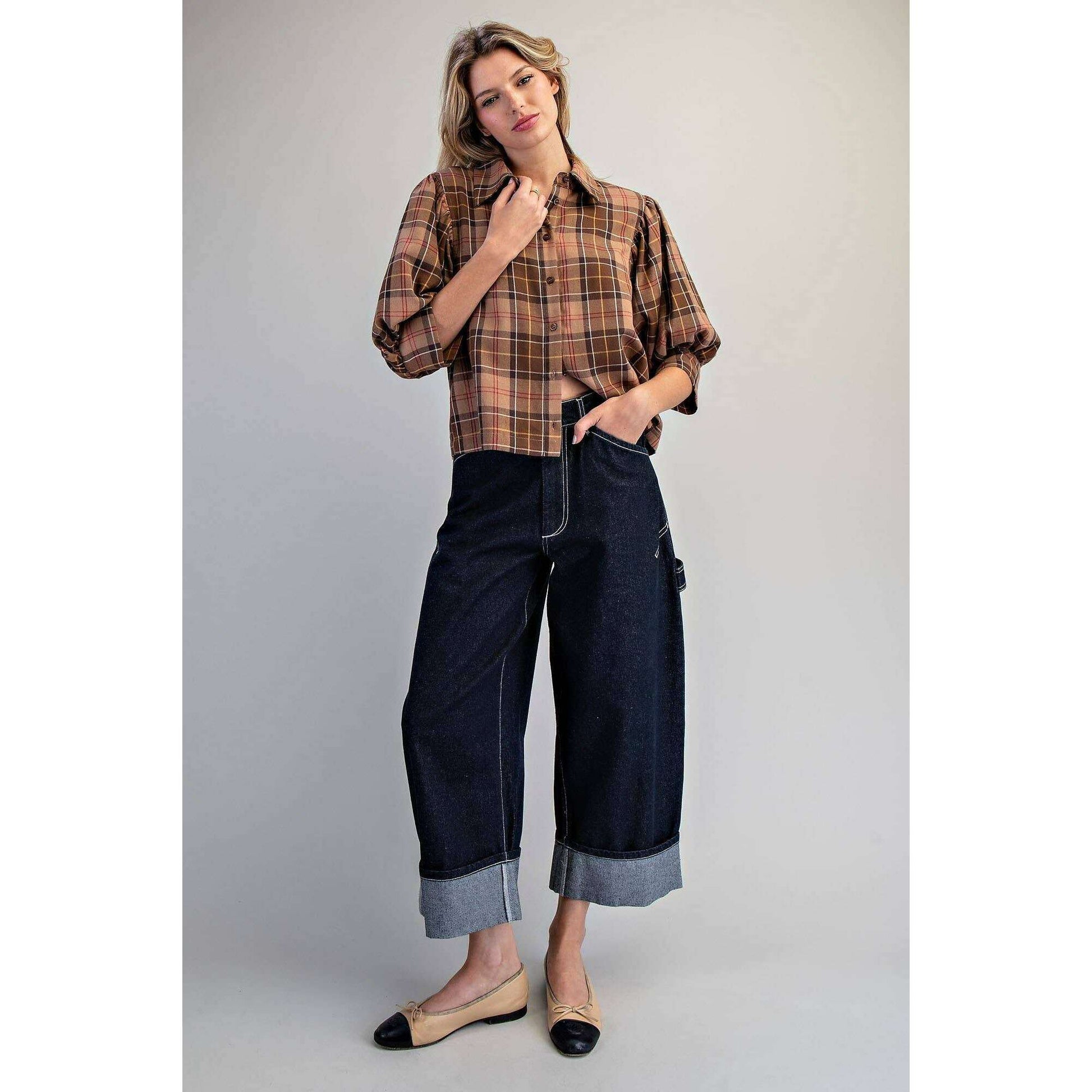 PEACE LOVE LINE Contrast Stitch Cuffed Denim Pants, CLOTHING, Peace Love Line, Plum Bottom