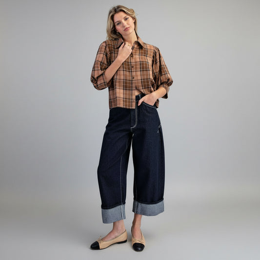 PEACE LOVE LINE Contrast Stitch Cuffed Denim Pants, CLOTHING, Peace Love Line, Plum Bottom