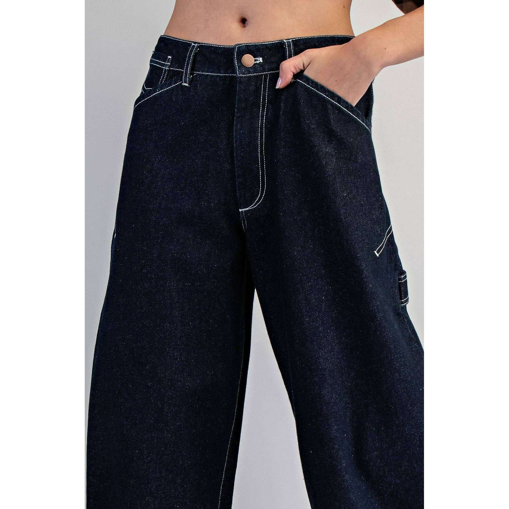 PEACE LOVE LINE Contrast Stitch Cuffed Denim Pants, CLOTHING, Peace Love Line, Plum Bottom