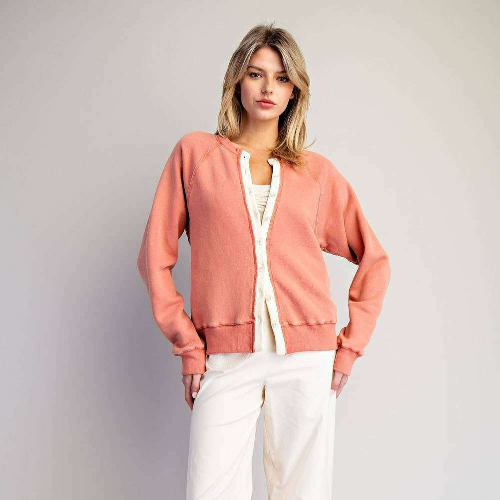 PEACE LOVE LINE Washed Floral Button Cardigan Apricot Cream, CLOTHING, Peace Love Line, Plum Bottom