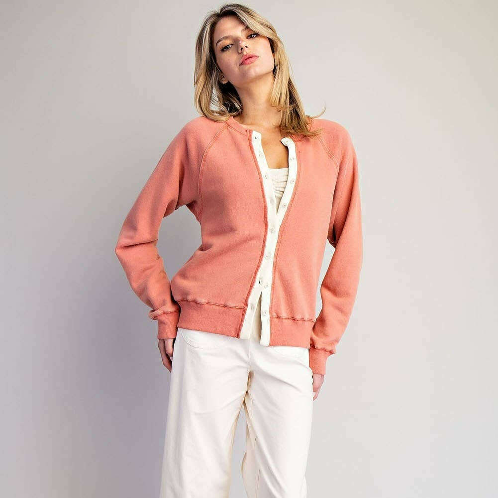 PEACE LOVE LINE Washed Floral Button Cardigan Apricot Cream, CLOTHING, Peace Love Line, Plum Bottom