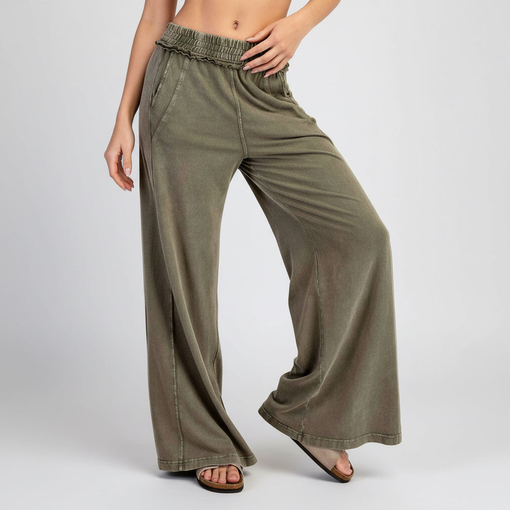 PEACE LOVE LINE Mineral Washed Terry Butter Wide Pants Olive, CLOTHING, Peace Love Line, Plum Bottom