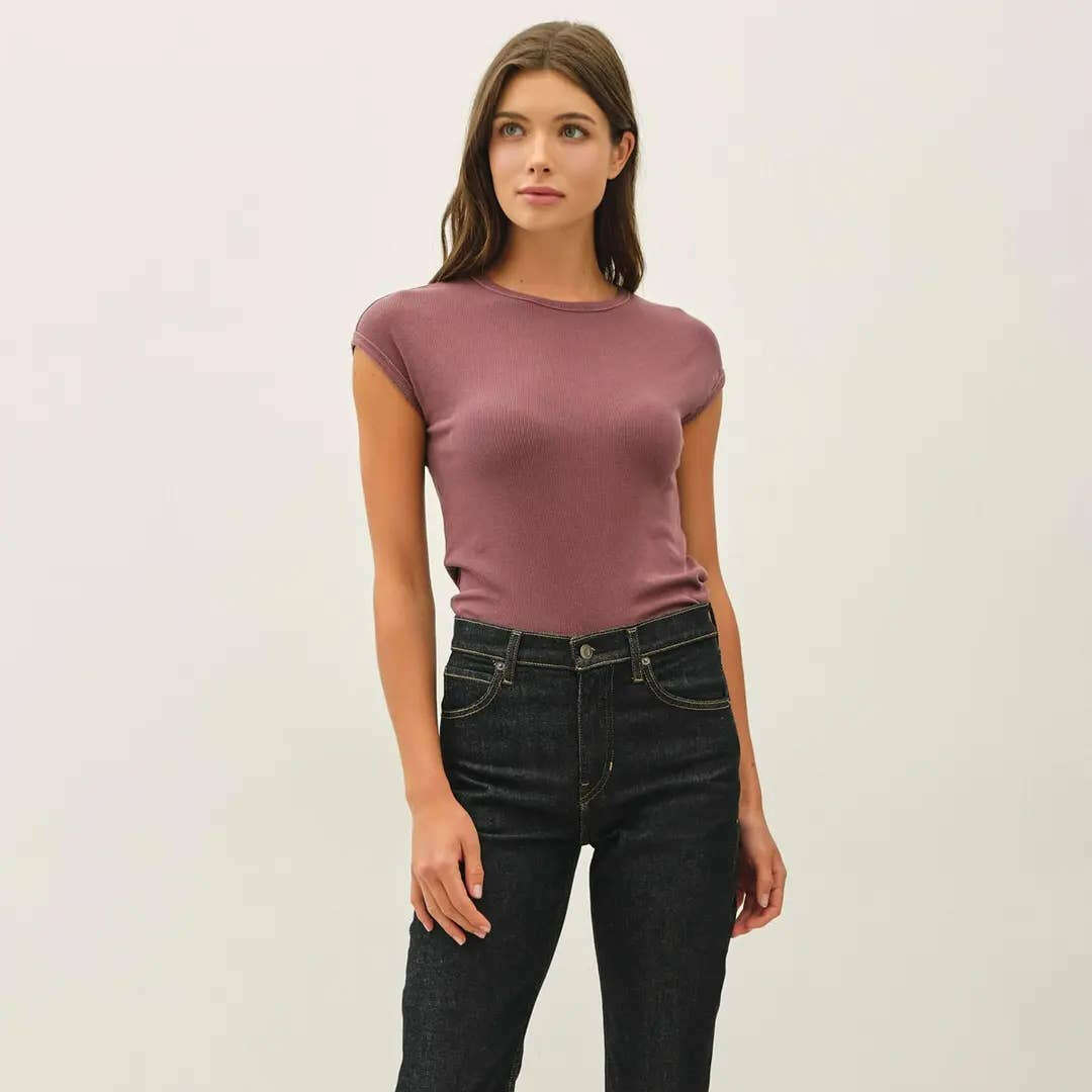 PEACE LOVE LINE Ribbed Cap Sleeve T-Shirt Sepia, CLOTHING, Peace Love Line, Plum Bottom