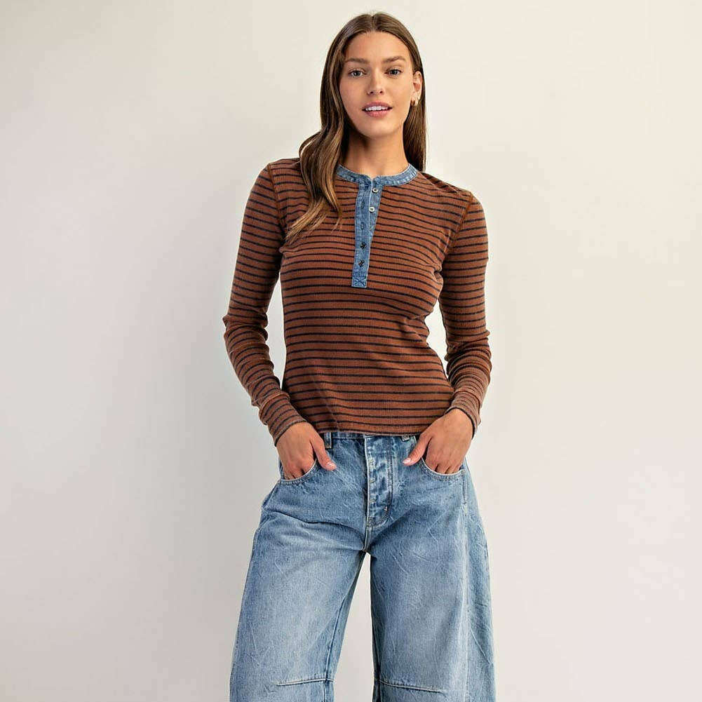 [PEACE LOVE LINE Snow Wash Two Tone Button Down top], [Shirts], [Peace Love Line], [Plum Bottom].