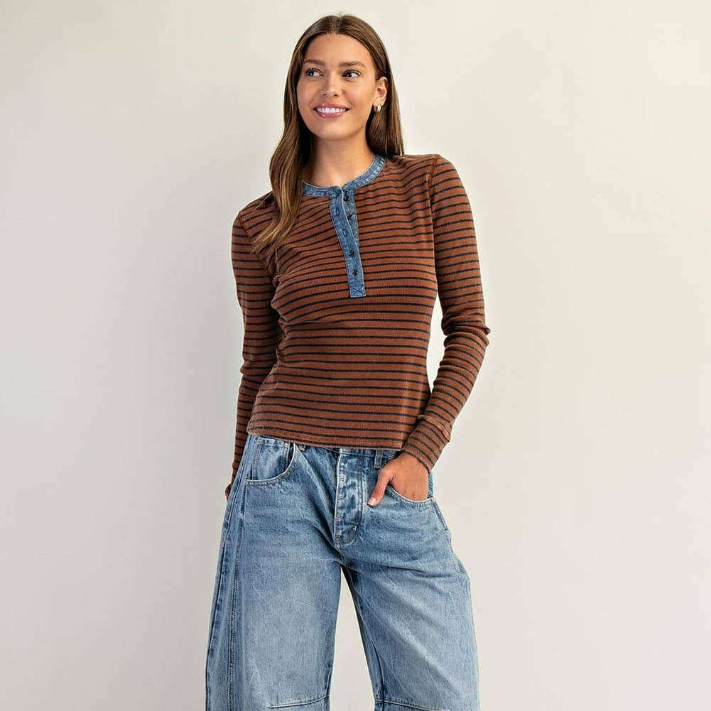 [PEACE LOVE LINE Snow Wash Two Tone Button Down top], [Shirts], [Peace Love Line], [Plum Bottom].