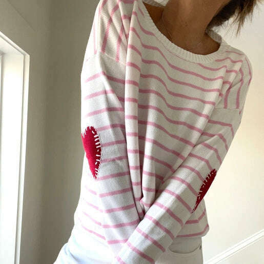 Pink Pineapple - Pink Striped Sweater w Valentine Patches, CLOTHING, Pink Pineapple, Plum Bottom